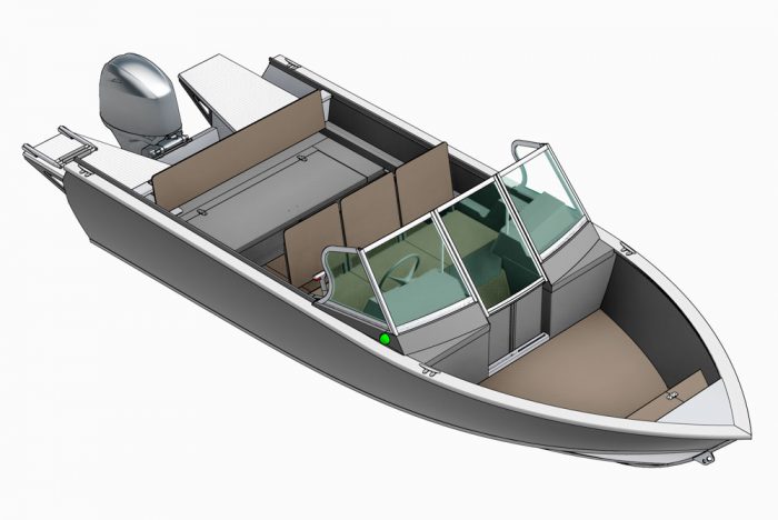 Схема лодки REALCRAFT 500 с открытым носовым кокпитом и сиденьями на рундуках для организации спального места на уровне сидений