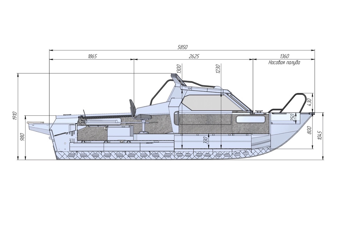 Чертеж моторной лодки Салют 585HT - вид на катер сбоку