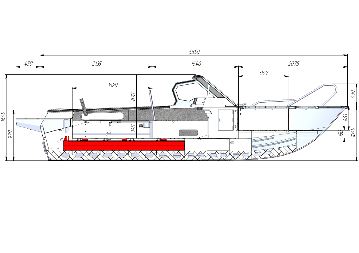Чертеж моторной лодки Салют 585 BD - вид на катер сбоку