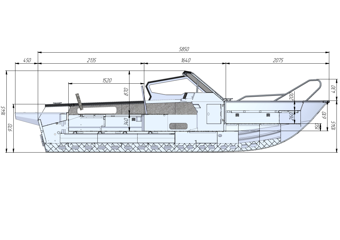 Чертеж моторной лодки Салют 585 BR - вид на катер сбоку