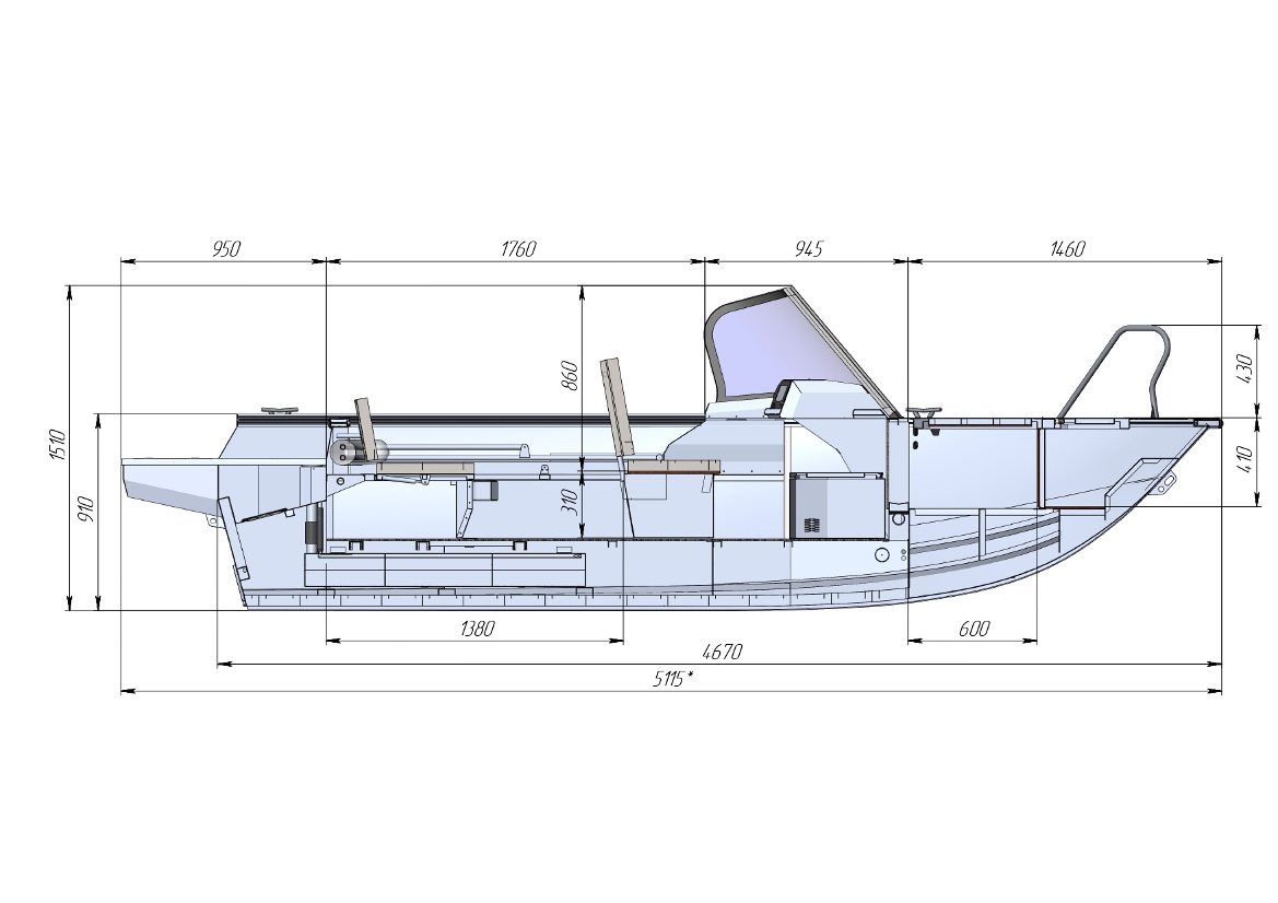 Чертеж моторной лодки Realcraft 470 NS BD - вид на катер сбоку