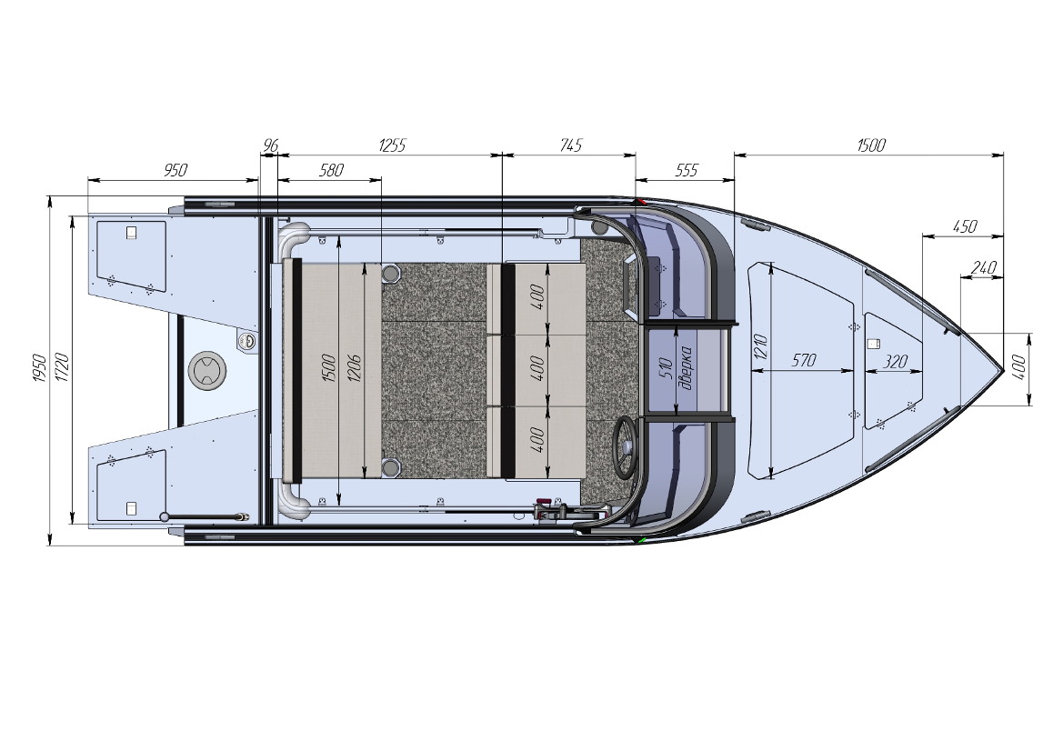 Чертеж моторной лодки Realcraft 470 NS BD - вид на катер сверху