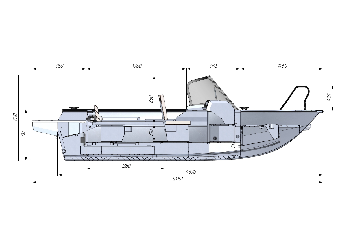 Чертеж моторной лодки Realcraft 470 NS BR - вид на катер сбоку