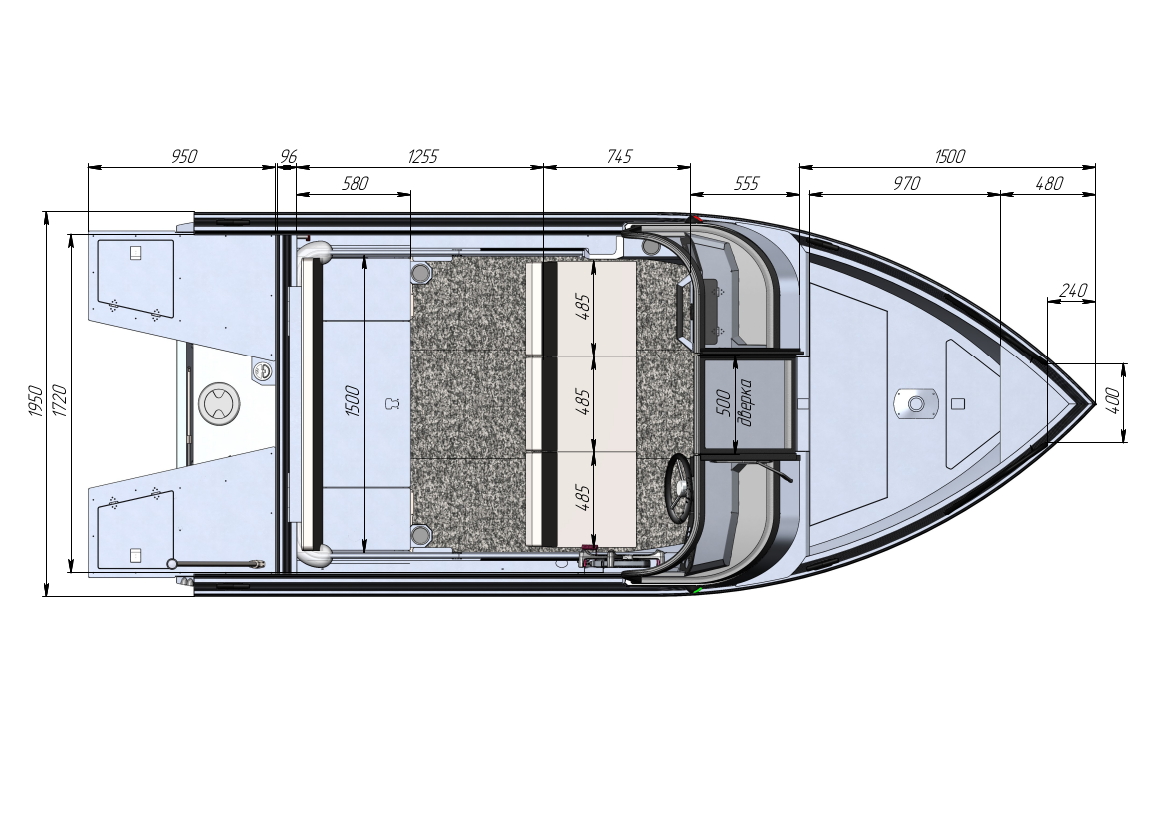 Чертеж моторной лодки Realcraft 470 NS BR - вид на катер сверху