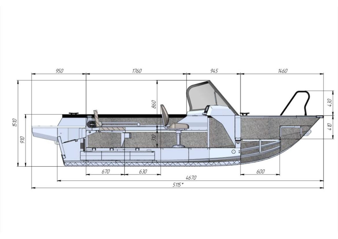 Чертеж моторной лодки Realcraft 470 NS BR - вид на катер сбоку (1)