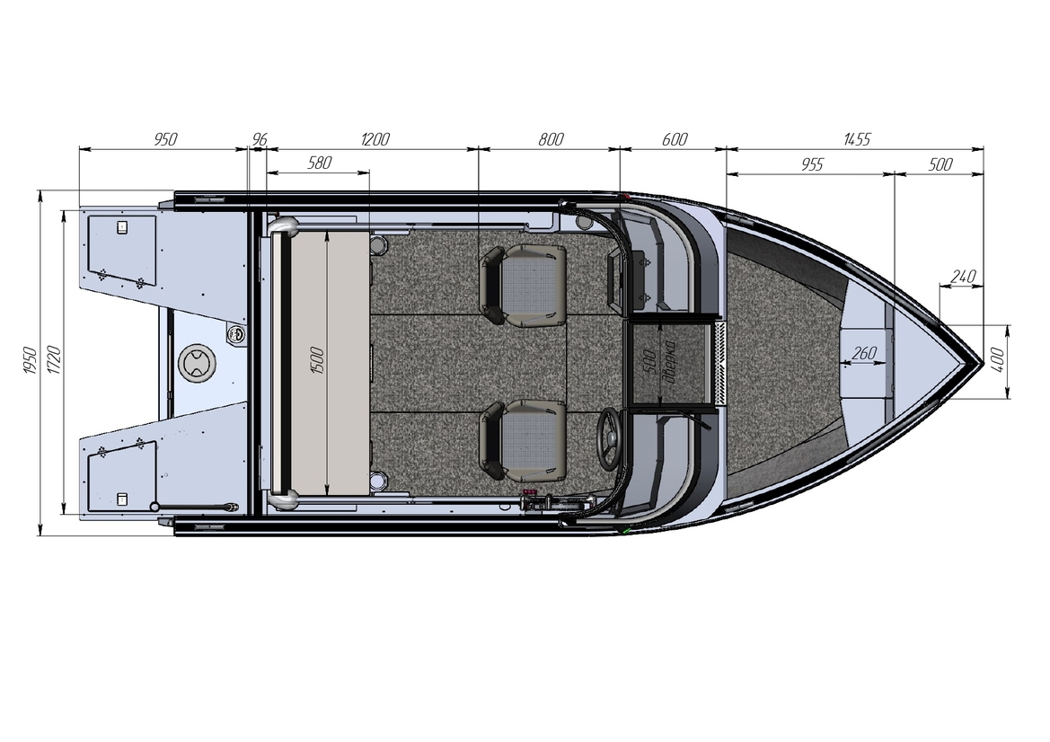 Чертеж моторной лодки Realcraft 470 NS BR - вид сверху (2) Чертеж моторной лодки Realcraft 470 NS BR - вид на катер сверху (2)